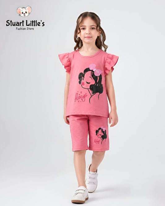 Girls Princess Print Flutter Sleves Top And Shorts Set