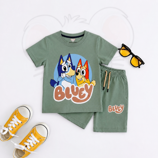 Boys Bluey Sage Green T-Shirts And Shorts