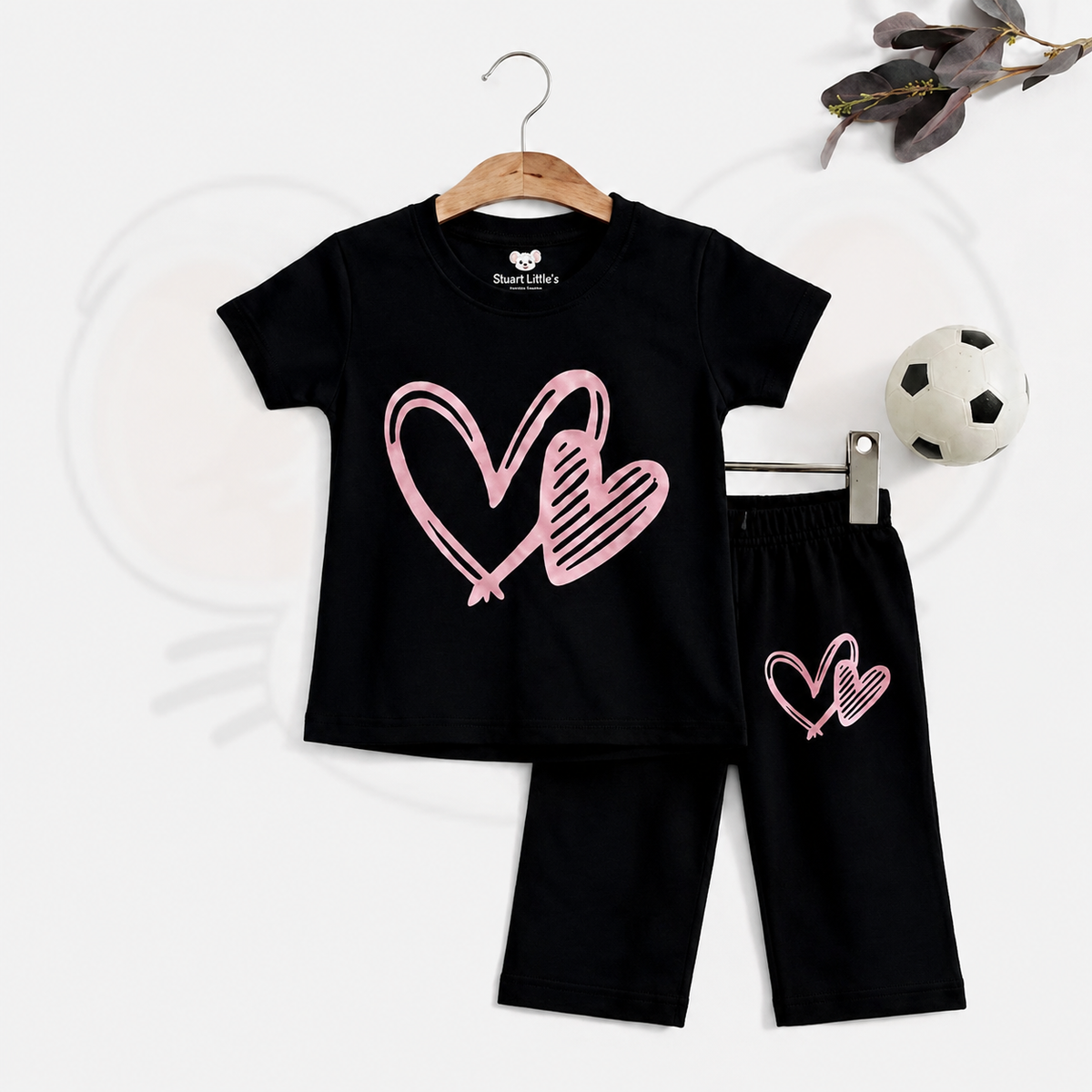 Girls Black Pink Heart Print T-Shirts And Shorts