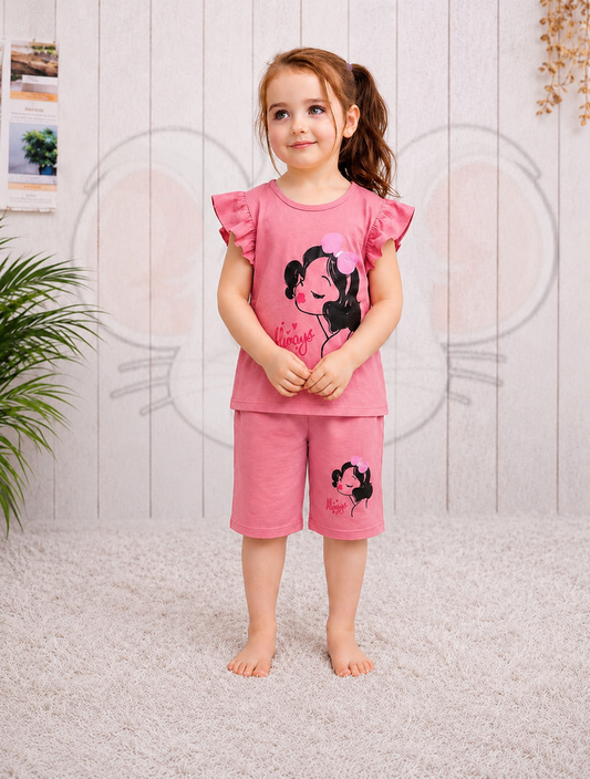 Girls Princess Print Flutter Sleves Top And Shorts Set