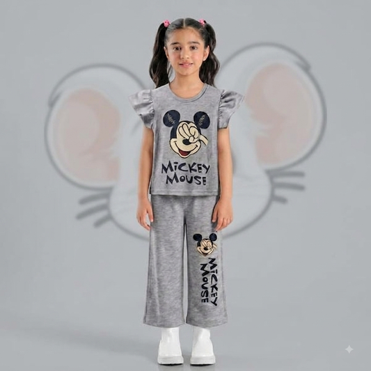 Girls Mickey Mouse Printed Gray Matching Set