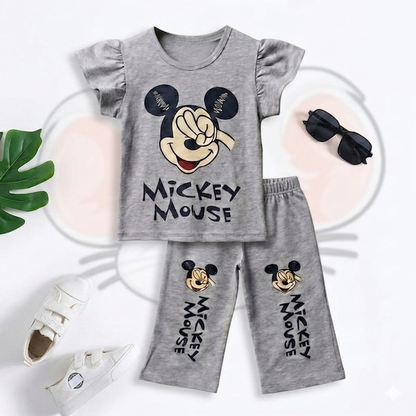 Girls Mickey Mouse Printed Gray Matching Set