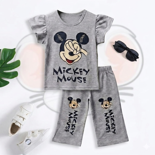 Girls Mickey Mouse Printed Gray Matching Set