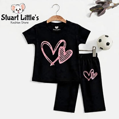 Girls Black Pink Heart Print T-Shirts And Shorts
