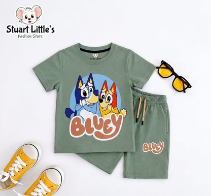 Boys Bluey Sage Green T-Shirts And Shorts