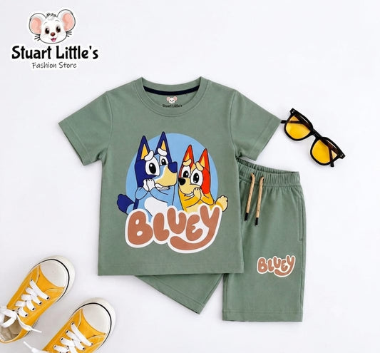 Boys Bluey Sage Green T-Shirts And Shorts