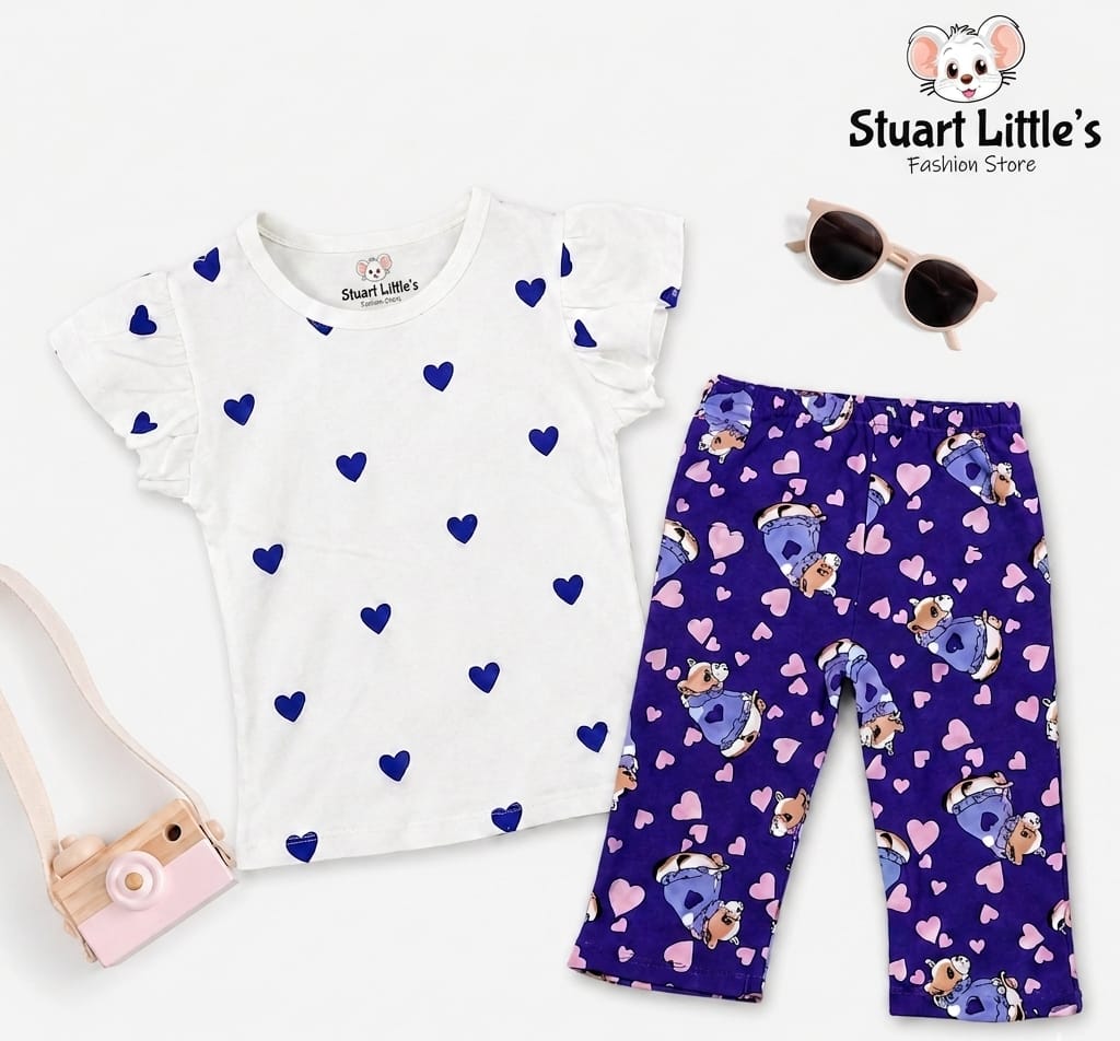 Girls Heart Print Flutter-Sleeve Top And Teddy Bear Pant Set