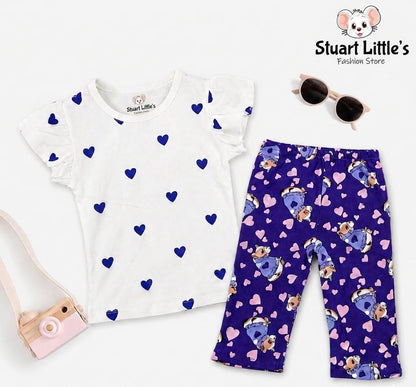 Girls Heart Print Flutter-Sleeve Top And Teddy Bear Pant Set