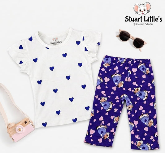 Girls Heart Print Flutter-Sleeve Top And Teddy Bear Pant Set