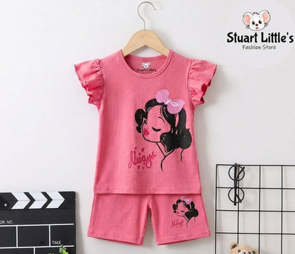 Girls Princess Print Flutter Sleves Top And Shorts Set