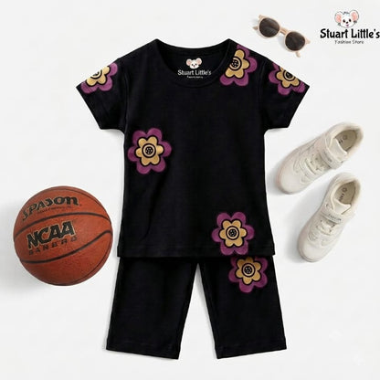 Girls Black Shirt Flowers Print Set