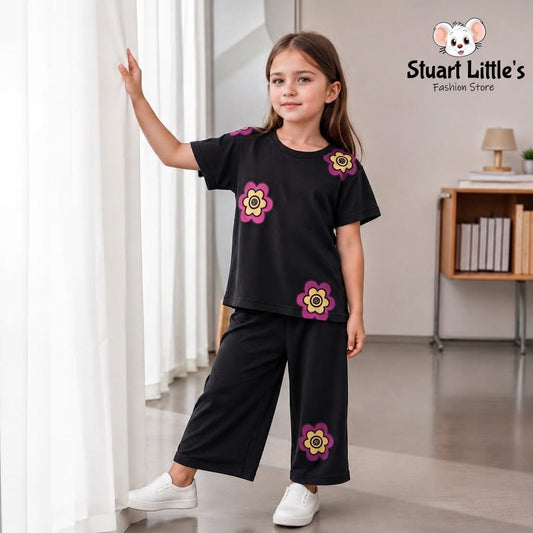 Girls Black Shirt Flowers Print Set