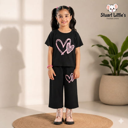 Girls Black Pink Heart Print T-Shirts And Shorts