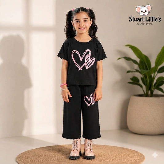 Girls Black Pink Heart Print T-Shirts And Shorts