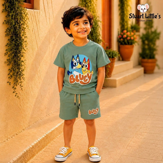 Boys Bluey Sage Green T-Shirts And Shorts