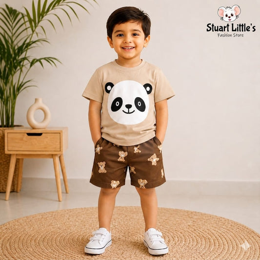 Boys Panda And Bear Print Shorts Set