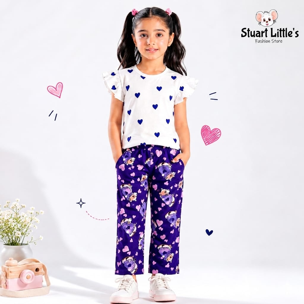 Girls Heart Print Flutter-Sleeve Top And Teddy Bear Pant Set