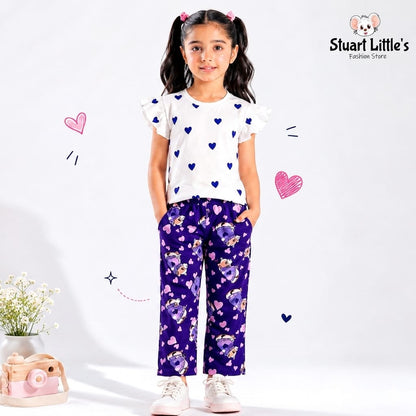 Girls Heart Print Flutter-Sleeve Top And Teddy Bear Pant Set