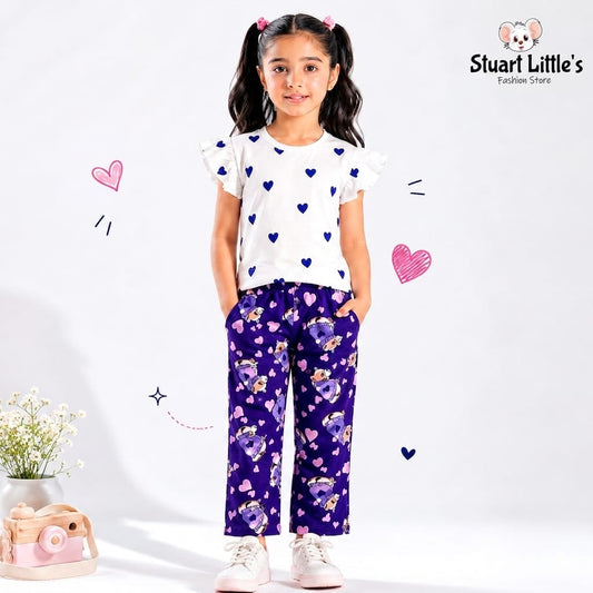 Girls Heart Print Flutter-Sleeve Top And Teddy Bear Pant Set