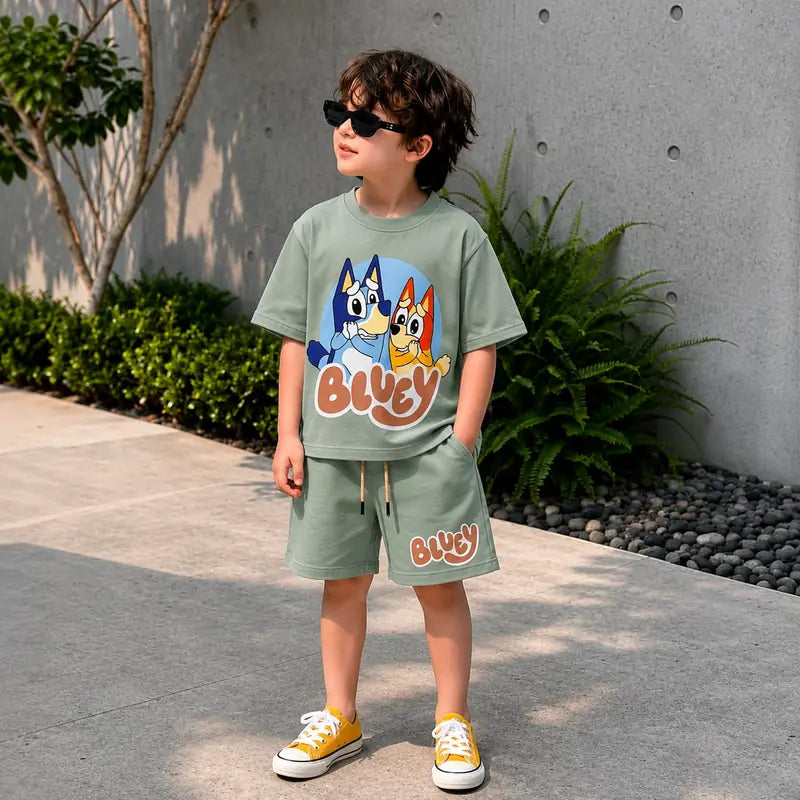 Boys Bluey Sage Green T-Shirts And Shorts