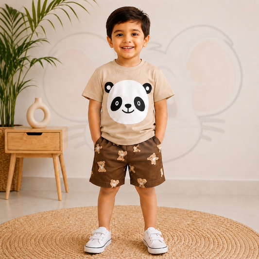 Boys Panda And Bear Print Shorts Set