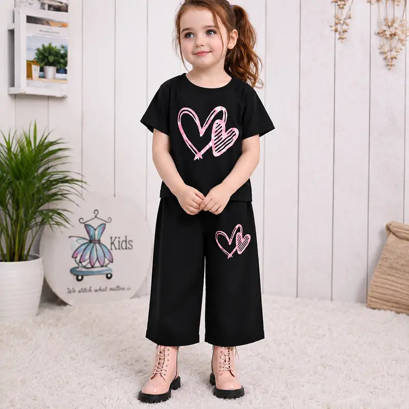 Girls Black Pink Heart Print T-Shirts And Shorts