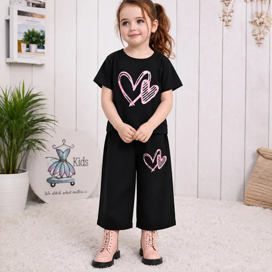 Girls Black Pink Heart Print T-Shirts And Shorts