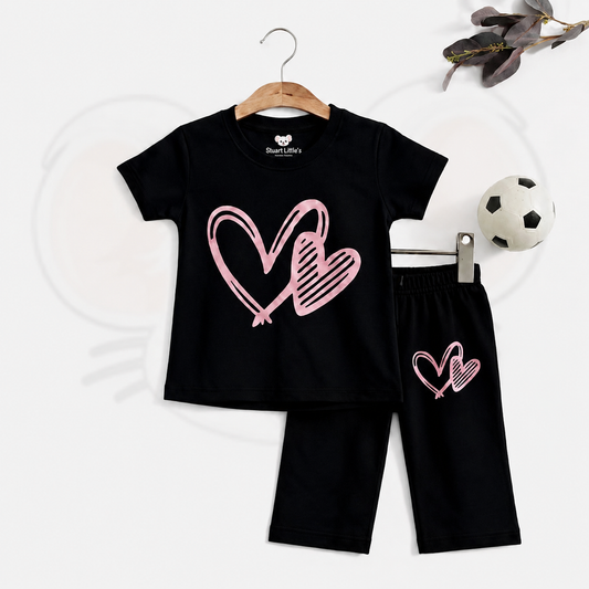 Girls Black Pink Heart Print T-Shirts And Shorts