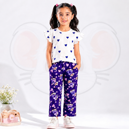 Girls Heart Print Flutter-Sleeve Top And Teddy Bear Pant Set