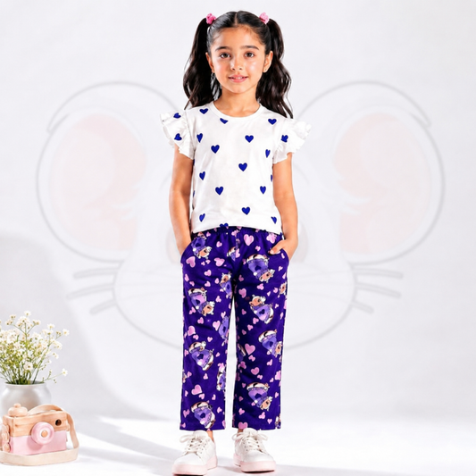 Girls Heart Print Flutter-Sleeve Top And Teddy Bear Pant Set