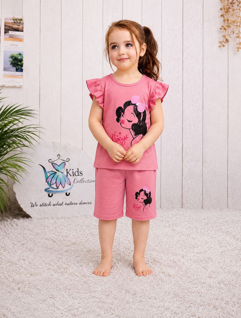 Girls Princess Print Flutter Sleves Top And Shorts Set