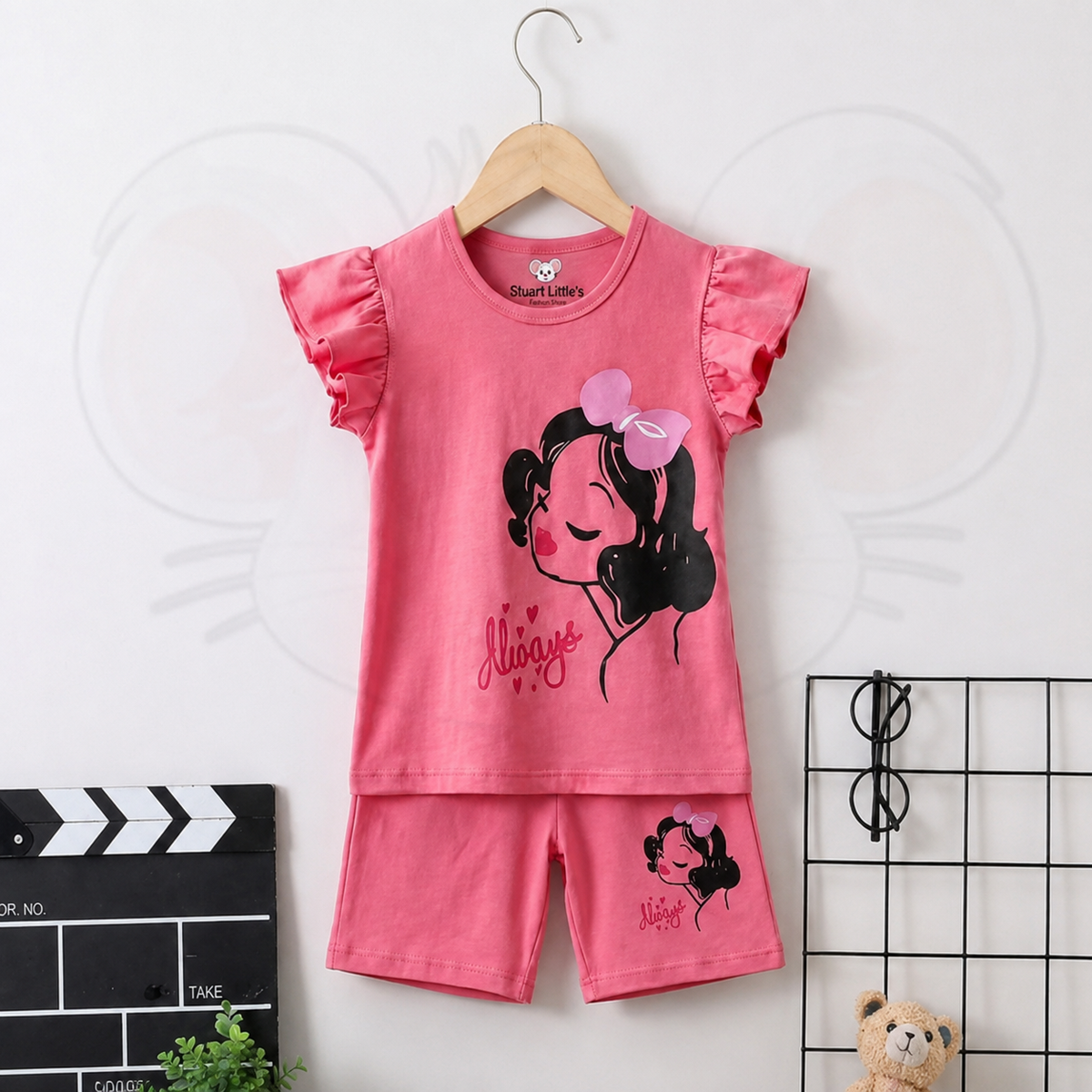 Girls Princess Print Flutter Sleves Top And Shorts Set