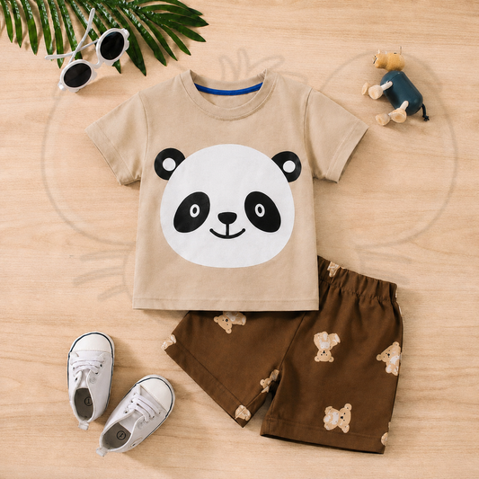 Boys Panda And Bear Print Shorts Set