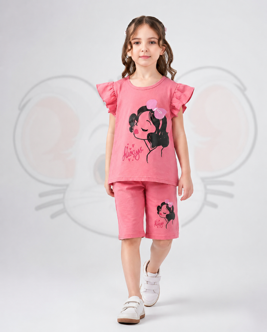 Girls Princess Print Flutter Sleves Top And Shorts Set