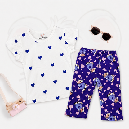 Girls Heart Print Flutter-Sleeve Top And Teddy Bear Pant Set